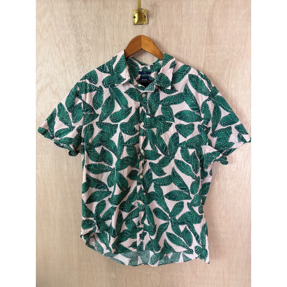 Gap Slim Fit Mens XL Short Sleeve Button Down Shirt Pink Green Tropical Leaf